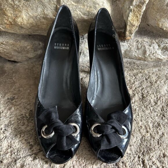 STUART WEITZMAN Black Patent Leather Peep Toe Ribbon Bow Pumps Heels 7.5 - Picture 3 of 8